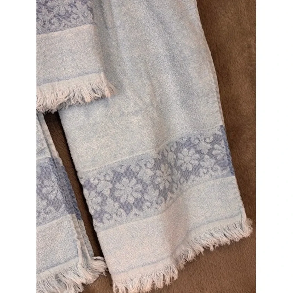 Vintage JCPenney Light Blue Floral Damask Fringed Towel Set 2 Bath 1 Hand Towel